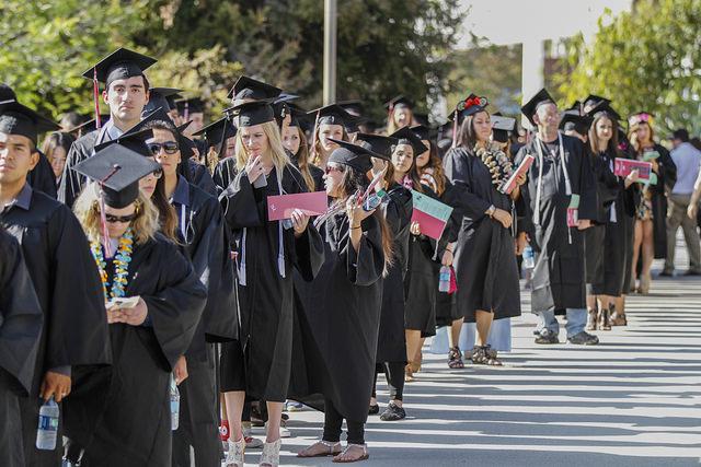 Palomar students line up and wait for Commencement Ceremony to start on Saturday May 16, 2015 at the San Marcos campus. (Philip Farry/The Telescope)