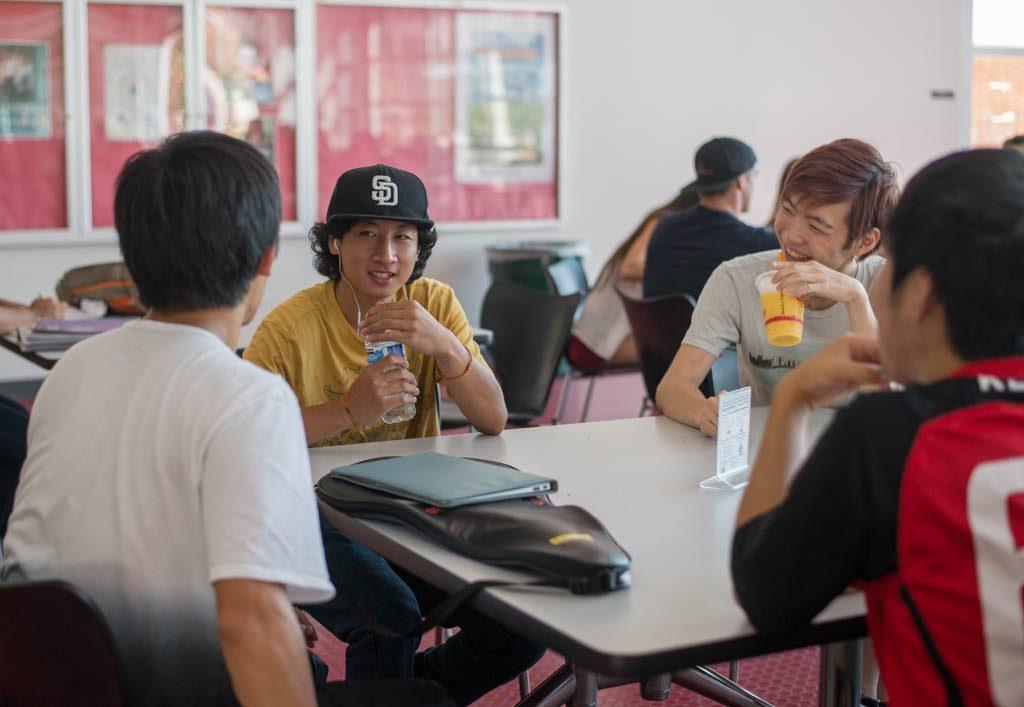 Jerry Litthachack and Tomaya Fujisaki enhoy a light moment in Palomar's Student Union on Wednesday, Sept 23, 2015. (Justin Gray/The Telescope)