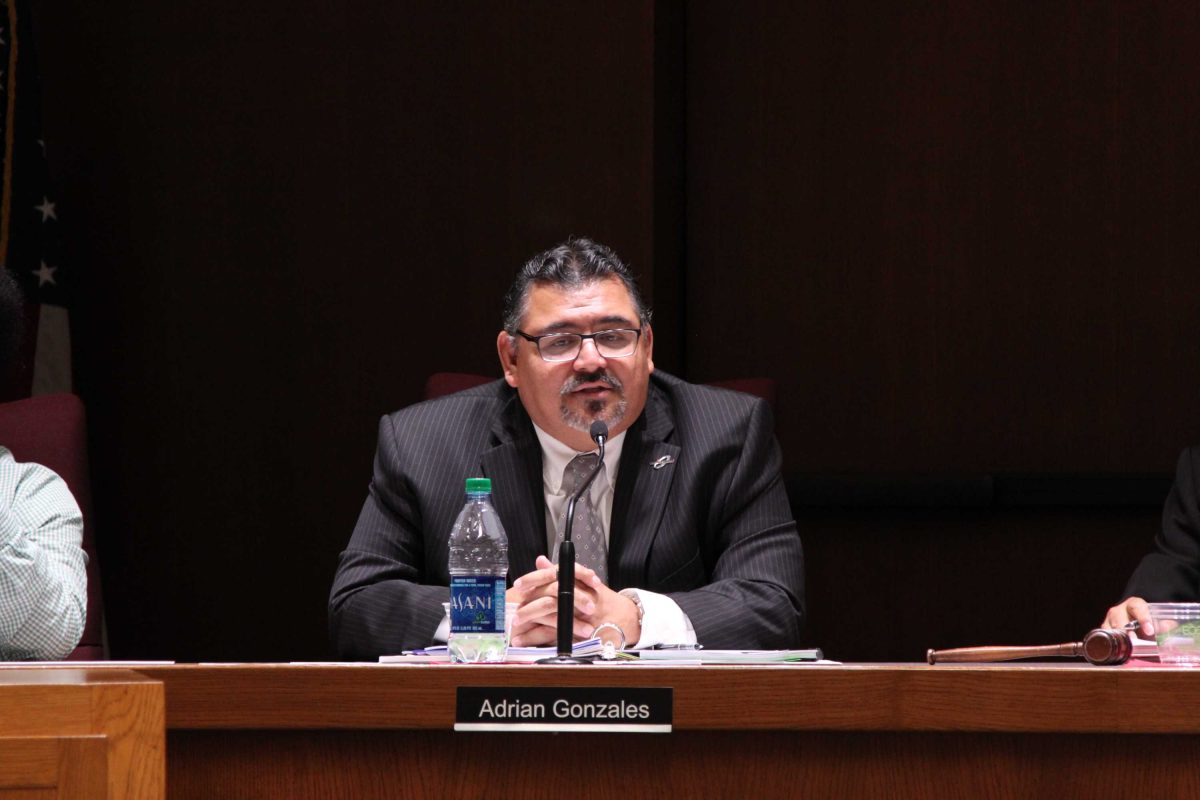 Adrian Gonzales, Palomar College's interim president, discusses campus issues at the Governing Board meeting at Palomar College on Sept. 9, 2015. (Lou Roubitchek/The Telescope)