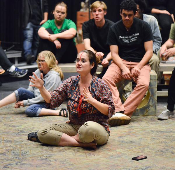 Actress Ingrid Trovao that played the role of Shui Ta and Shen Te speaks during the Coffee Talk in the Black Box Theater following the evening performance, “The Good Person of Setzuan”, in a “Coffee Talk” discussion of theories and ideas hidden within the play on Oct. 8, 2015. (Brandy Sebastian/The Telescope)