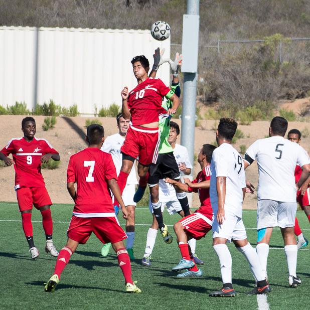 Palomar midfielder Victor Gonzalez tries to header the ball after a corner kick on Oct. 2, 2015. The Comets lost 3-0 to visting Cayumaca College in Minkoff Field. (Ricardo Torres/The Telescope)