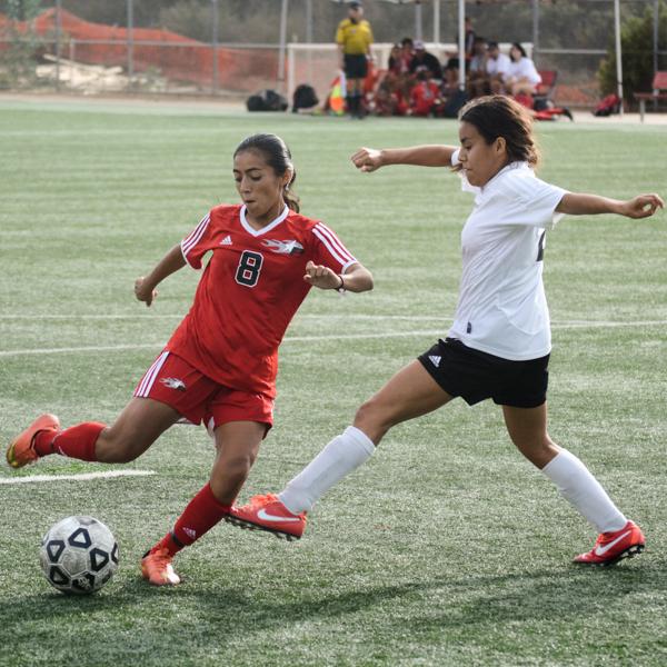 In the first period against visiting Imperial Valley College, Palomar's Rosa Valdovinos #8 scores the 8th goal of the first period. The Comets would win 9-0. (Seth Jones/The Telescope)