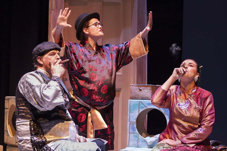 (l-r) David Cochran as Mr. Shu Fu, Ingrid Trovão as Shui Ta, and Mrs. Mi Tzu in 'The Good Person of Setzuan' on Oct. 1, 2015 at Palomar's Studio Theatre. (Claudia Rodriguez/The Telescope)