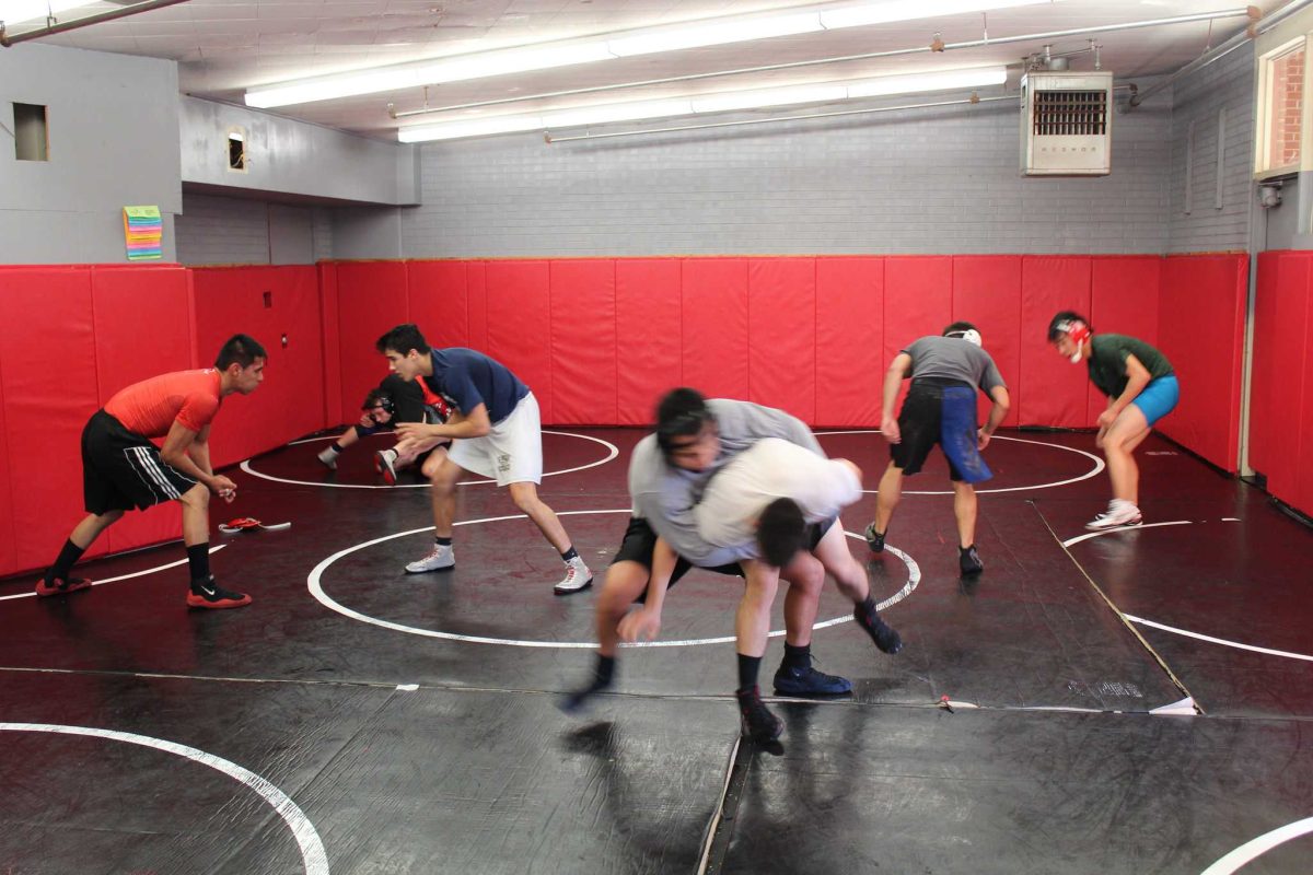 A group of male Palomar wrestlers practice in a training room with overhead fluorescent lights.