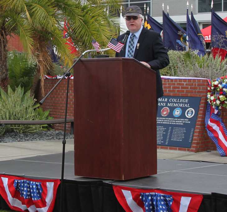 Palomar Dean of Counseling Services Brian Stockert, a Marine Corps veteran addresses the audience as the keynote speaker at the Veterans Day Ceremony, on the quad Nov. 10, 2015. (Lou Roubitchek/The Telescope)