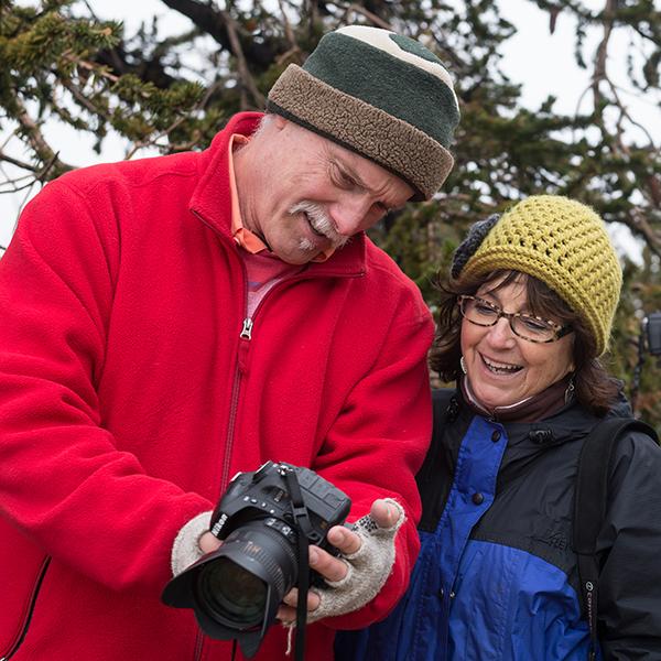 Palomar professor, Donna Cosentino (center), views images from the back of student, Grant Thompson’s (left), camera while fellow student, Niko Holt (right), looks on. The Ancient Bristlecone Pine Forest in Schulman Grove is one of the classes many stopping points during the Landscape and Culture Class 5 day field trip lead by Cosentino, Oct. 16, 2015. (Brandy Sebastian/The Telescope)