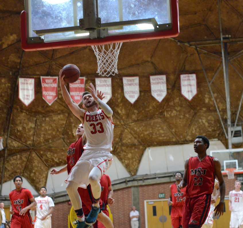 Comets forward Spencer Benson (33) goes in for a layup during the Jan. 27, 2016 game against Mt. San Jacinto College at the Dome. (Tracy Grassel/The Telescope)