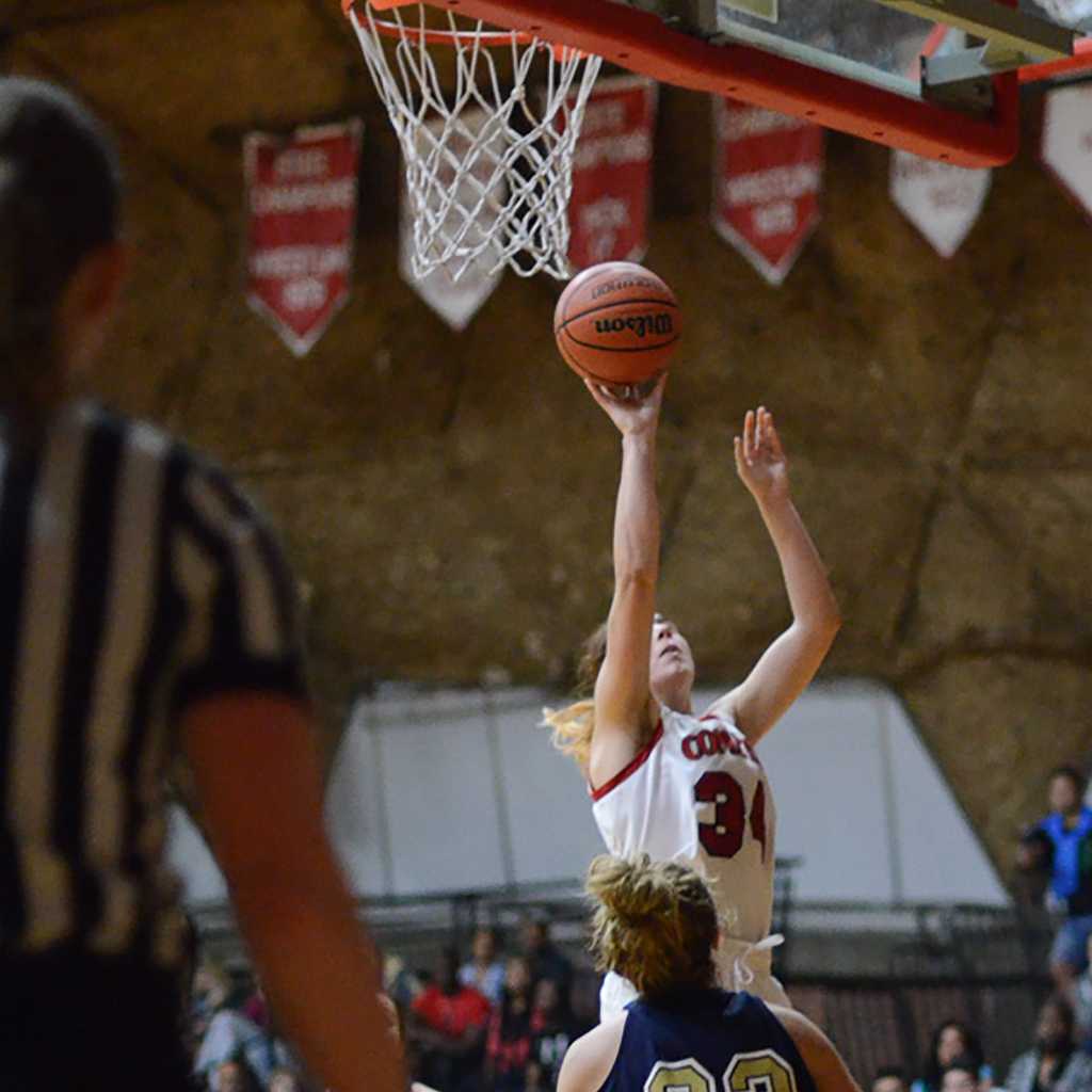 Palomar forward Mikaela Shannon (34) shoots a short jump shot as College of the Canyons defenders look on during the Southern Regional Playoffs Second Round game on Feb. 26, 2016 at the Dome. Palomar won 77-54. (Tracy Grassel/The Telescope)