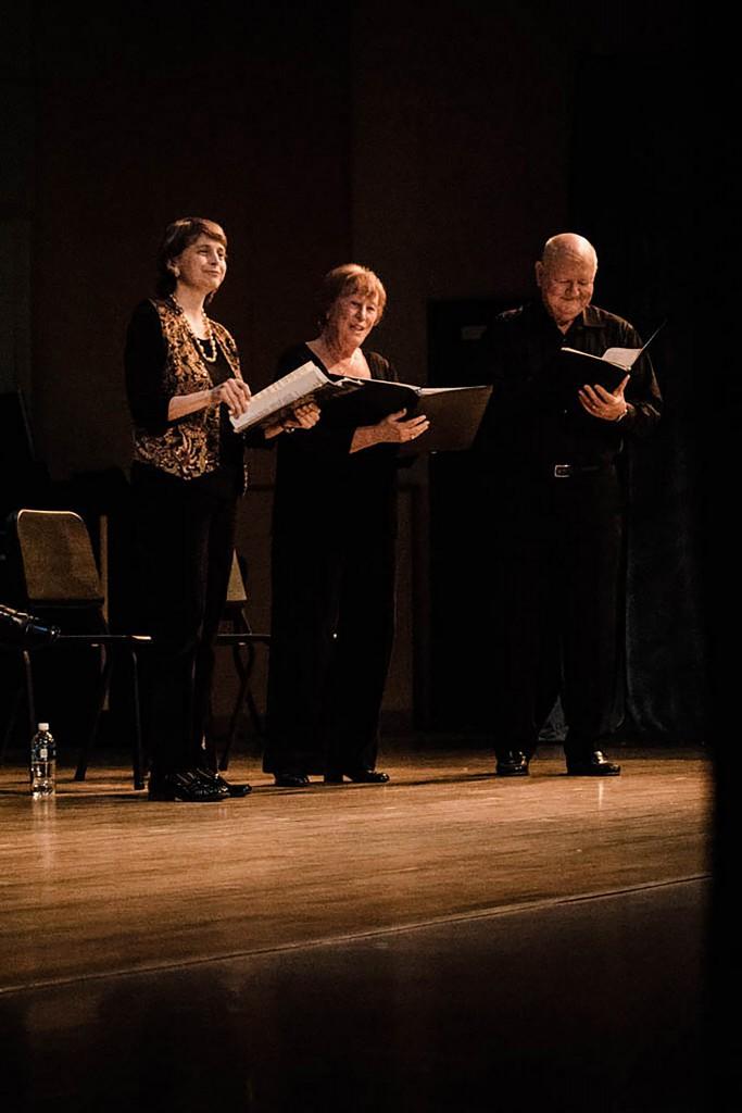 The Early Music Ensemble of San Diego, Constance Lawthers (l), Elisabeth Marti (second to left) and John Peeling (r), Phillip Larson (not seen), brought an a capella folk influence to concert hour on Thursday, March 3, 2016. (Olivia Meers/The Telescope )