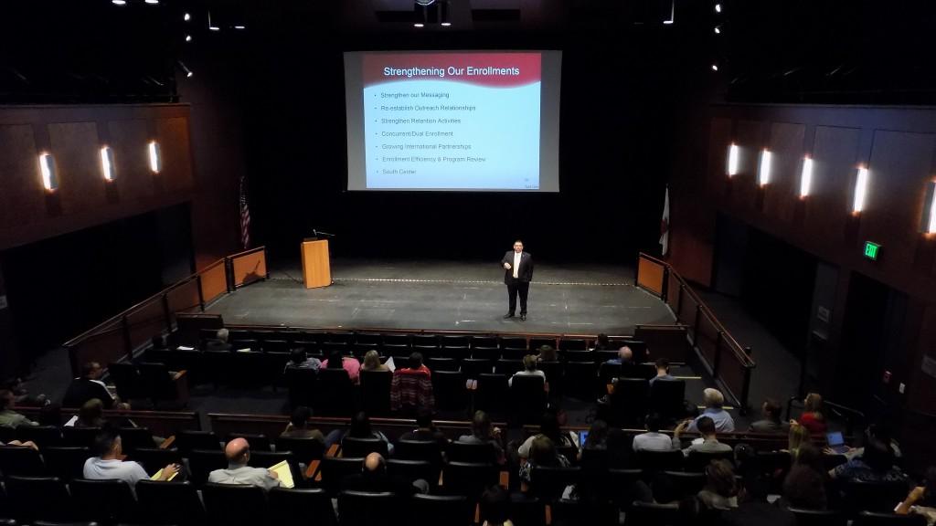 Palomar's interim president Adrian Gonzalez addressing the audience during the All College Forums in the Howard Brubeck Theatre March 16, 2016. (Johnny Mueller/The Telescope)