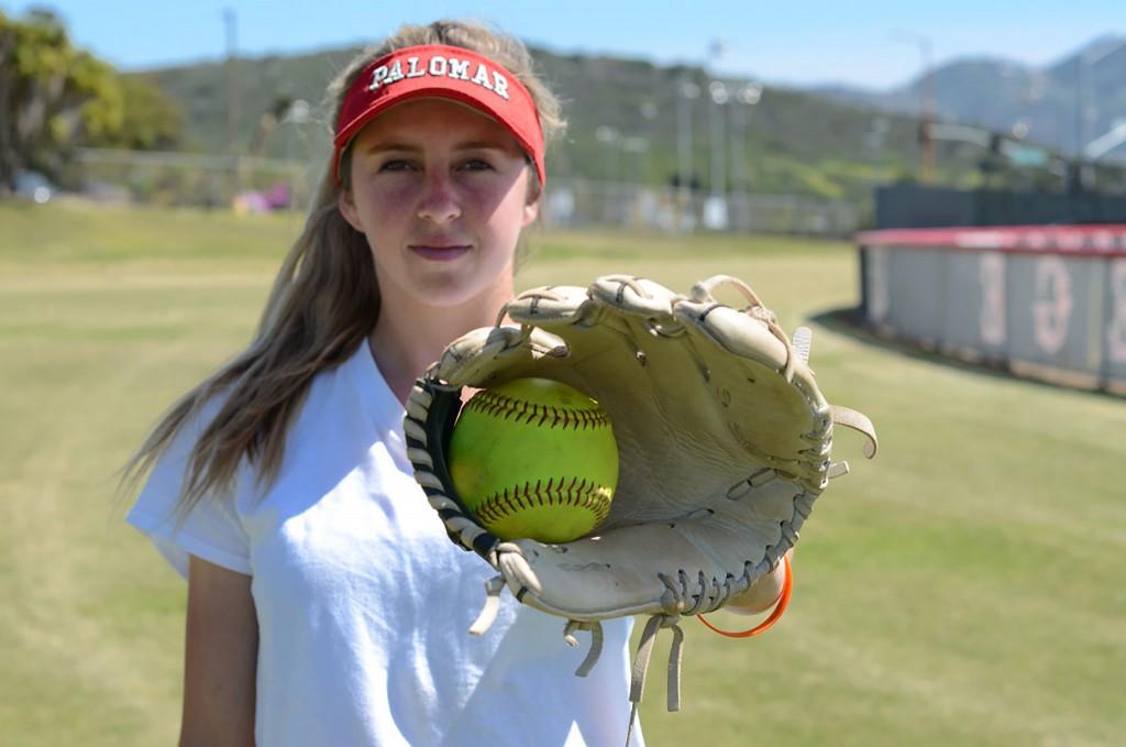 Palomar Softball pitcher Summer Evans (2) poses for an Enviromental Portrait. (Tracy Grassel/The Telescope)