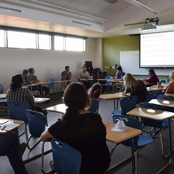 Palomar Students gather in HS-207 after class to discuss The Great Gatsby with professors and fellow peers. (Leila Figueroa/The Telescope)