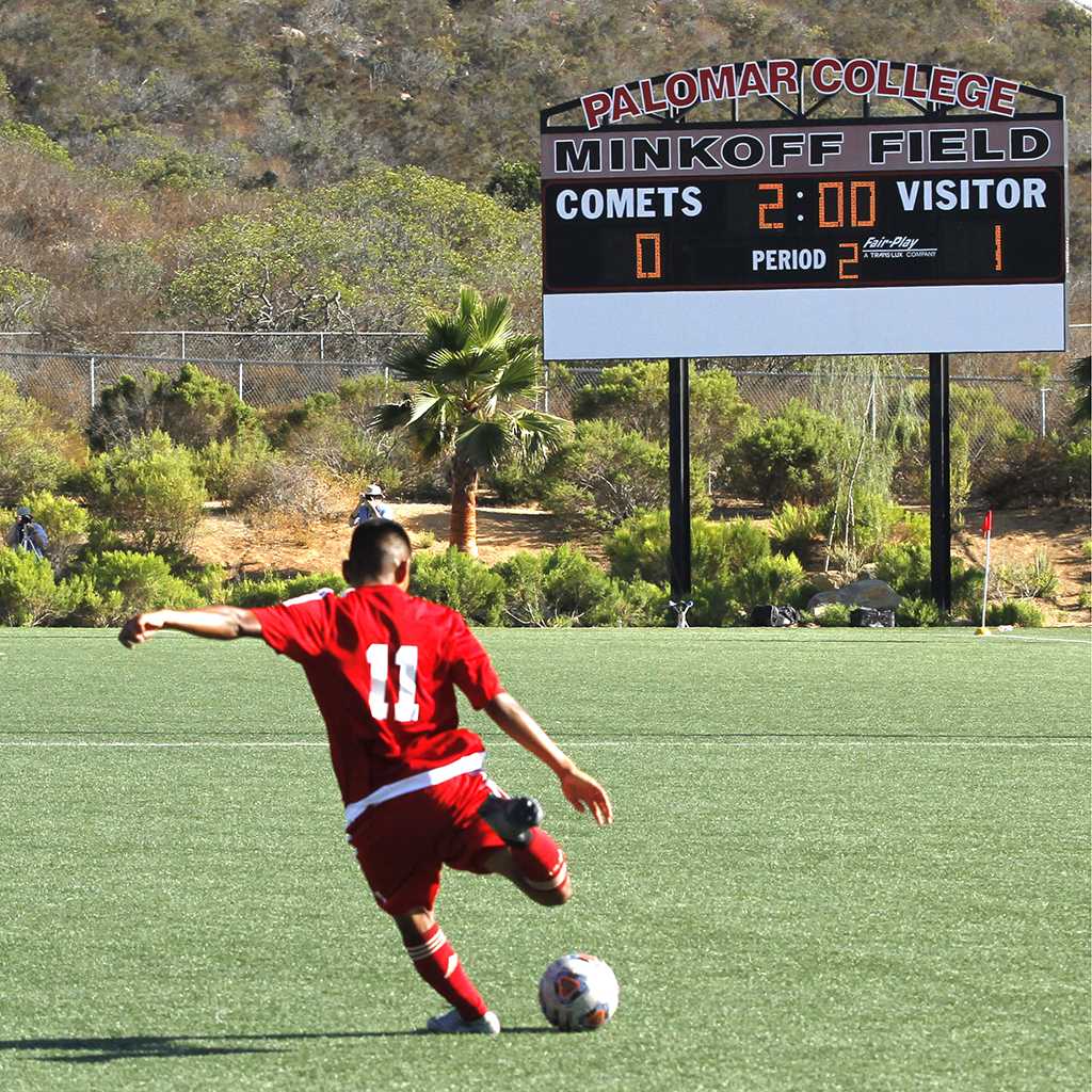 Palomar soccer player, Lalo Vasquez #11, kicks the ball towards Palomar's side of the goal after rival team Citrus scores a goal. The game ends 0-1 on Sept. 2, 2016 at Minkoff field. (Idmantzi Torres-Robles/The Telescope)