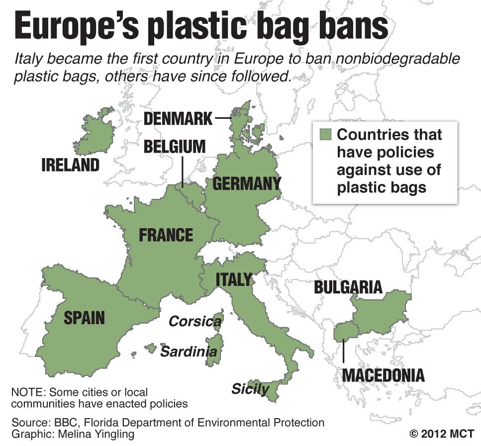 Map of Europe showing countries, localities with retail plastic bag bans. (Graphic by Melina Yingling/MCT 2012)
