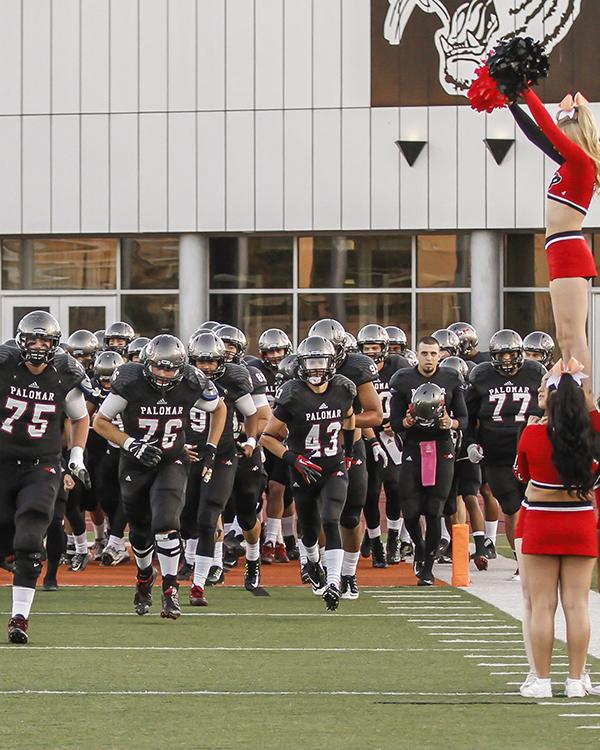 A group of Palomar football playrs run on a field, wearing black uniforms and gray helmets. A blonde cheerleader waves her pompoms at the right, who is being held up at her feet by three cheerleaders.