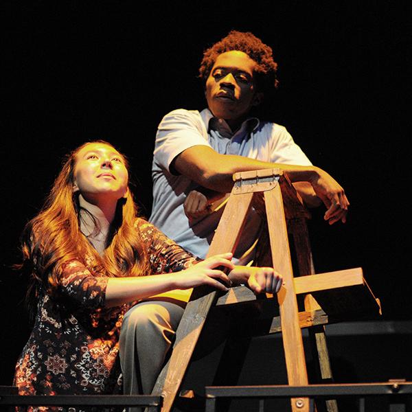 Palomar students, Macy Weinfurter and Kofialta Oforiand, playing the roles of sister and brother Rebecca and George Gibbs, for their final dress rehearsal for school production “Our Town” at the Palomar Studio Theatre on Oct. 6, 2016. (Idmantzi Torres/The Telescope)