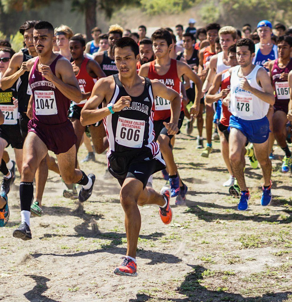 Palomar Freshman Mark Ybarra (606) leads the pack at the start of the Palomar College Cross Country Invitational held at Guajome Park in Oceanside, Calif. on Sept. 9, 2016. Ybarra finished third in the race with a time of 20:53. (Philip Farry/The Telescope)