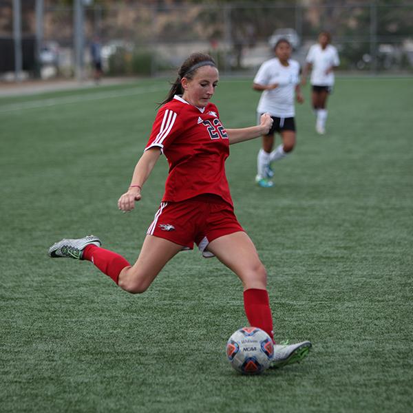 Palomar forward Grace Busby (22) makes an attempt on the goal, she scored a total of 4 goals this game. Palomar won 7-1 against Mt. San Jacinto on Oct. 11, 2016 at Minkoff Field. (Bruce Woodward/The Telescope)