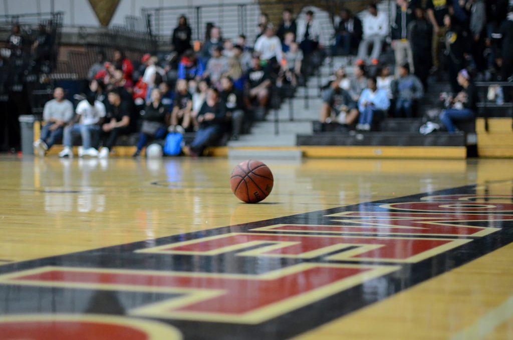 Palomar College men's basketball sits on an empty court between quarters against the San Diego City College Knights on Feb. 5, 2016 at the Dome. (Tracy Grassel/The Telescope)