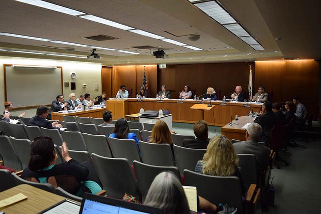 Palomar professors and faculty members attend the governing board meeting in the Student Services building to discuss campus issues and events on Oct. 11, 2016. (Leila Figueroa/The Telescope)