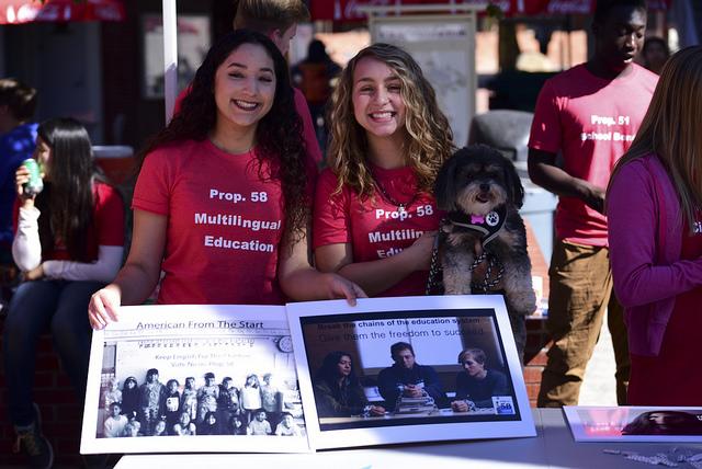 Political science students Zoer Serebriany (r) and Alaniz Enriquez (l) from High Tech High visits Palomar College campus to spread the message and educate others on Proposition 58 which states that real property transfers, from parent to child or child to parent, may be excluded from reassessment. Nov 7, 2016. (Johnny Jones/The telescope)