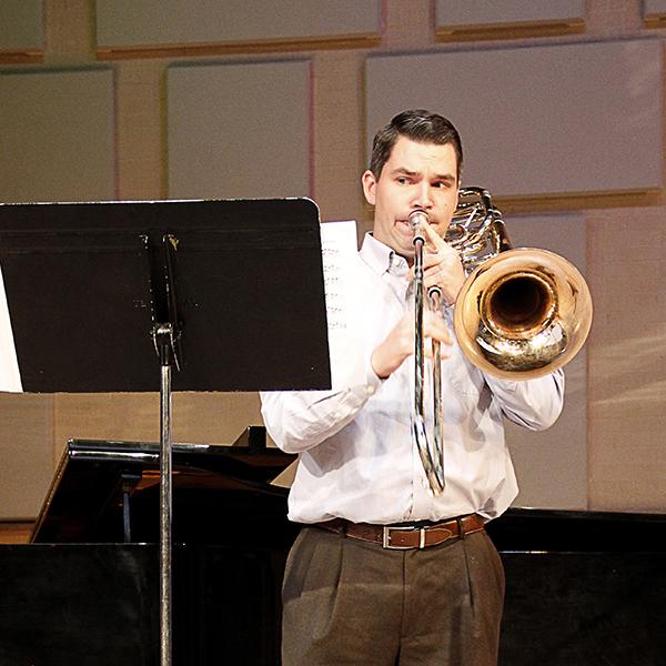 Trombone player Brian O'Donnell perfoms at Concert Hour on Nov. 2, 2016 at the Performance Lab. (Coleen Burnham/The Telescope)