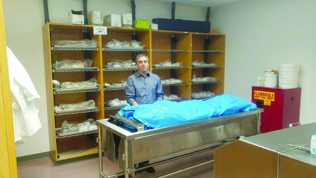 Anatomy Professor Gene Gushansky stands in front of a covered human cadaver on Nov. 15, 2016. (Steven Rivera/The Telescope)