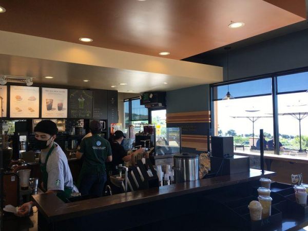 Baristas bustle with orders at the Starbucks in Palo Verdes, Calif. on Feb. 28, 2022. (Photo courtesy of Nick Ng.)