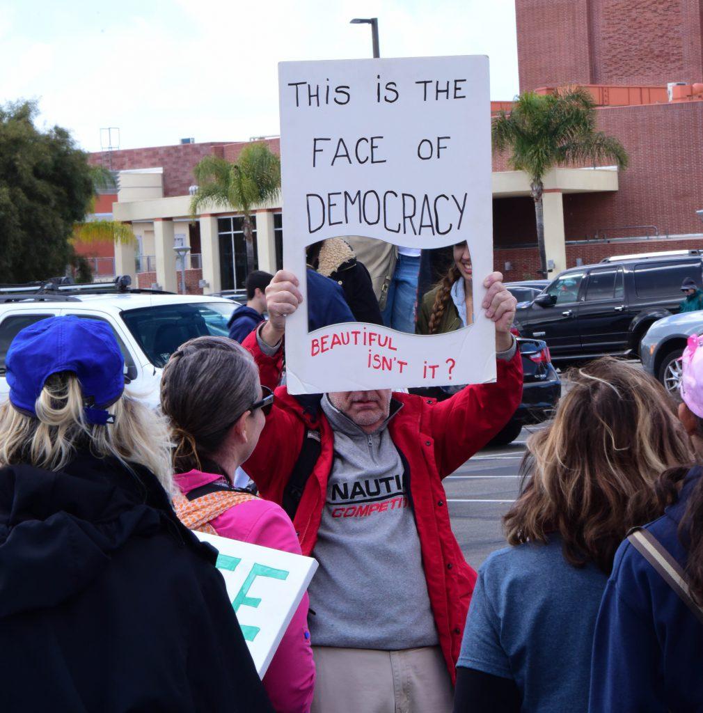 Thousands of people participated in the Women’s March North County San Diego in alignment with marches held around the country and around the world reacting to fears about what may happen with the Trump administration, his new cabinet and the Republican congress. They expressed concerns about Women’s reproductive rights, healthcare, immigrants’ rights, the environment and more. The march went from the San Marcos Civic Center to the Palomar College campus where there was a rally with speakers as well as booths for various political organizations. Jan 21, 2017. (Johnny Jones/The Telescope)