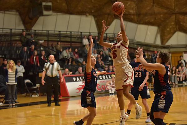 Palomar's Monika Todd (5) scored a total of 8 points in 80-77 win against the Orange Coast Pirates in the second round of the CCCAA Tournament. (Melissa Grant/The Telescope)