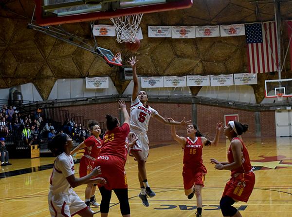 Palomar Guard Monica Todd (5) scored 26 points, including 9 rebounds as the comets defeating College of the Desert Roadrunners 95 to 26 at the dome Feb. 15, 2017. (Johnny Jones/The Telescope)