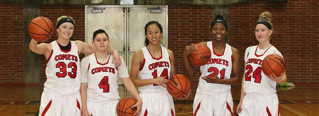 Palomar 2017 guards Allie Isreal (33), Ariana Hernandez (4),Roshell Lamug (14), Regina Sheffield (21), Cheyenne Ertz (24). (Johnny Jones/The Telescope)