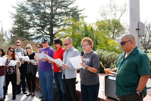 Palomar College Instructors reciting the Anti-Authoritarian Academic Code of Conduct on February 16, 2017. (Kimberly Barber/The Telescope)