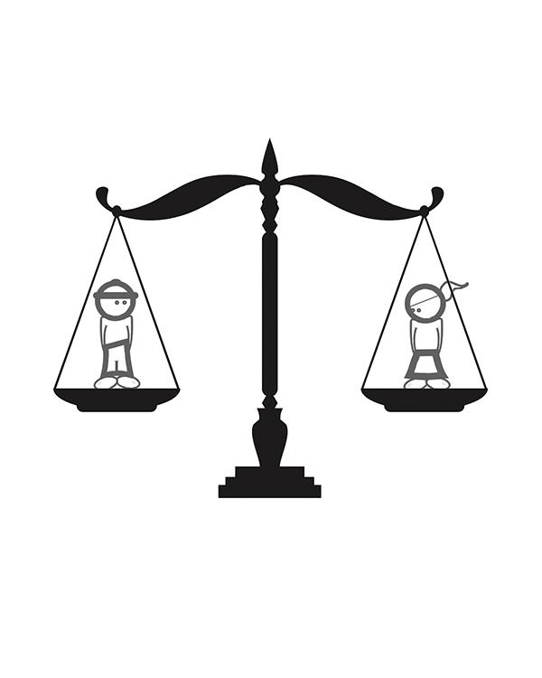 Scale with a woman on one side and a man on another and they are equal to each other. Illustration by Tracy Grassel/The Telescope