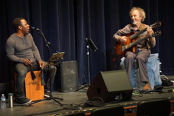 Peter Sprague and Leonard Patton rehearse for their Concert Hour performance in the Howard Brubeck Theatre on April 13, 2017. (Maria Leyva/The Telescope)