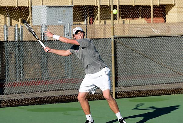 Palomar's tennis player Peter Trhac return serve during tennis match. (Johnny Jones/The Telescope)