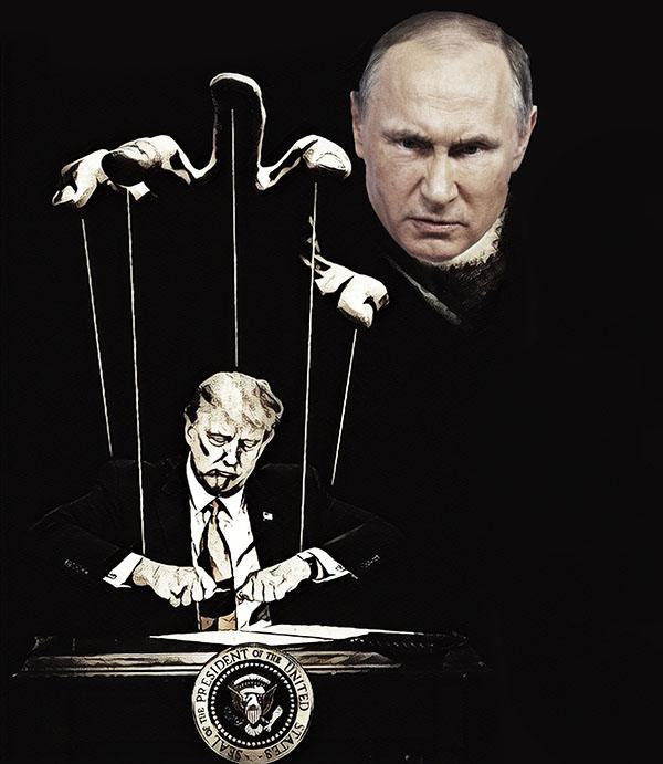 Illustration of Vladimir Putin as a disemboided head pulling strings that are attached to Donald Trump.