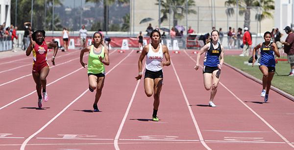 Palomar track and field team participated in the 38th Aztec Invitational Palomar's student Deyanira Lopez Lane #3. Running the 100 meters at the Aztec Track at the San Diego State University Sports Deck. March 25, 2016. (Johnny Jones/The Telescope)