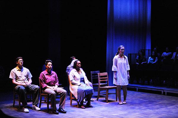 Palomar students, Liam Sullivan, Frida Villeda, Monique Barbour, and Delaney Dietrich, at final dress rehearsal for upcoming school production “Our Town” at the Palomar studio Theatre on Oct. 6, 2017. (Idmantzi Torres/The Telescope)