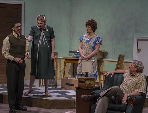 Karl (Joylon Maxilom) speaks during the technical run of Clybourne Park in Palomar College's studio theater. Additionally pictured, from left to right, are cast members Betsy (Rachel Stinger), Bev (Julia Cuppy) and Rus (Neha Curtiss). Clybourne Park is directed by Annie Hinton and is set to run from May 5 to May 14, 2017 on the San Marcos campus. (Savhanan Vargas/The Telescope)