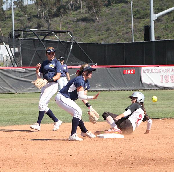 Palomar second base Bailey Romano (#7) with a steal and slide to second in the second inning of the April 21 , 2017game vs. San Diego Mesa. Palomar won 8-0. (Alicia Williams/The Telescope)