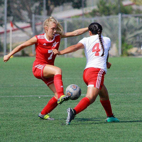 Palomar's Michelle Skupnjak steals the ball from Santa Ana's Briana Ceballos. The Comets met Santa Ana on Friday, Sept. 1, 2017 at Minkoff Field. The final score was 2-1, in favor of Santa Ana. (Alexis Metz-Szedlacsek/The Telescope)