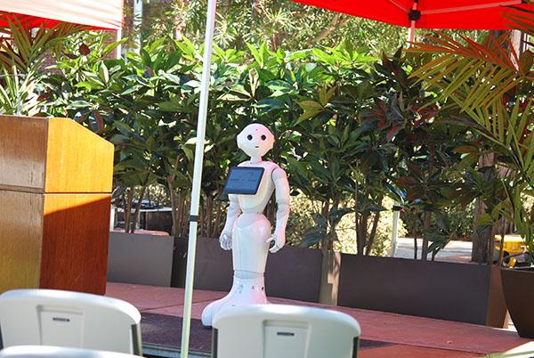 Pepper stands on stage minutes before being presented to Palomar community. SU,Quad, Clocktower. Oct. 10, 2017. ( Linus Smith/The Telescope)