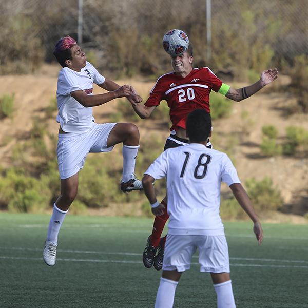 Palomar College men's soccer team captain Aaron Proulx defend the back from the opponents team. Sept. 15, 2017 at Minkoff Field. The game ends with a score of 1-1. (Larie Tobias Chairul/The Telescope)