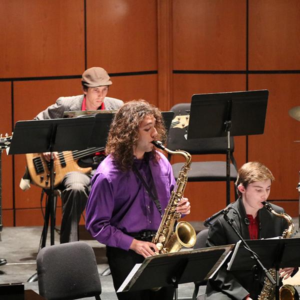 Saxophonist Dylan Soto from the Palomar Jazz Band, Swingin' for the Fences. Stands and plays for the song "Take the A Train". In the Howard Brubeck Theater for the audience. March.16, 2018. (Ramon I Valdivia/The Telescope)