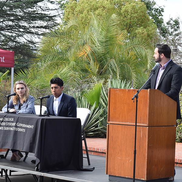 Candidates for President Amber Brancroft and Eduardo Saucedo answer the questions ask of them from ASG President Chris Hopp during the ASG Forum at Palomar College SU-Quad. April 16, 2018. (Victoria Bradley/The Telescope)