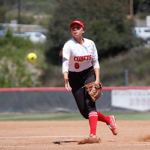 Palomar's Alicia Garcia pitches the ball for Palomar in the top of the 2nd inning against Imperial Valley on Friday, April 20, 2018. (Amanda Raines/The Telescope)