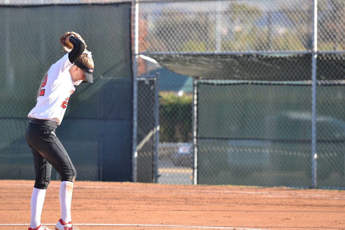 Pitcher Allie Hughen starts her windup to deliver a pitch in the fifth inning. Feb. 26, 2018. (Krista Moore/The Telescope)