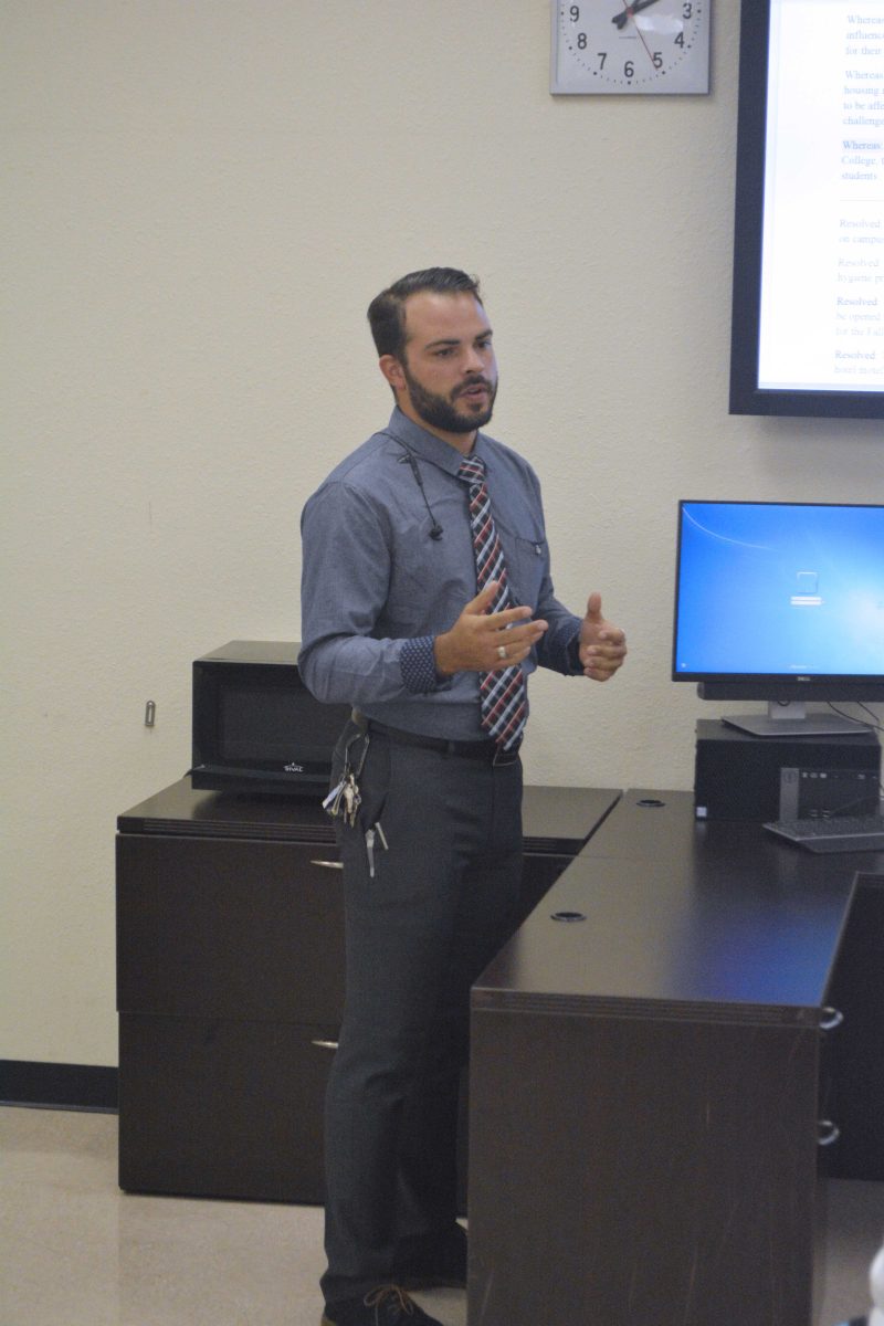 Associated Student Government Vice President of Shared Governance, Anthony White, presenting the housing insecurity resolution to the ASG Board. (Photo courtesy of the Palomar College ASG.)