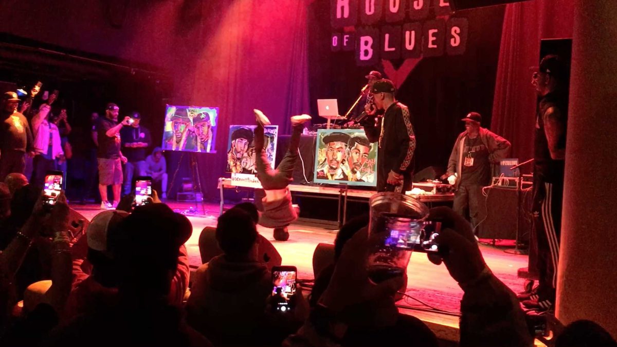 A breakdancer performs with Rakim, Eric B, and Yo-Yo at the House of Blues on April 30, 2018. (Telescope Staff/The Telescope)